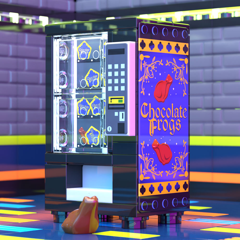 A detailed LEGO vending machine model with purple and yellow "Chocolate Frogs" themed panels, featuring custom minifigure tokens, crafted by B3 Customs in the Chocolate Frogs Vending Machine Building Set made using LEGO parts.