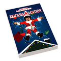 A vibrant Brickmas Vacation Movie Cover (2x3 Tile) featuring a custom Lego-style Santa figure tangled in Christmas lights, set against a dark blue background with holiday elements.