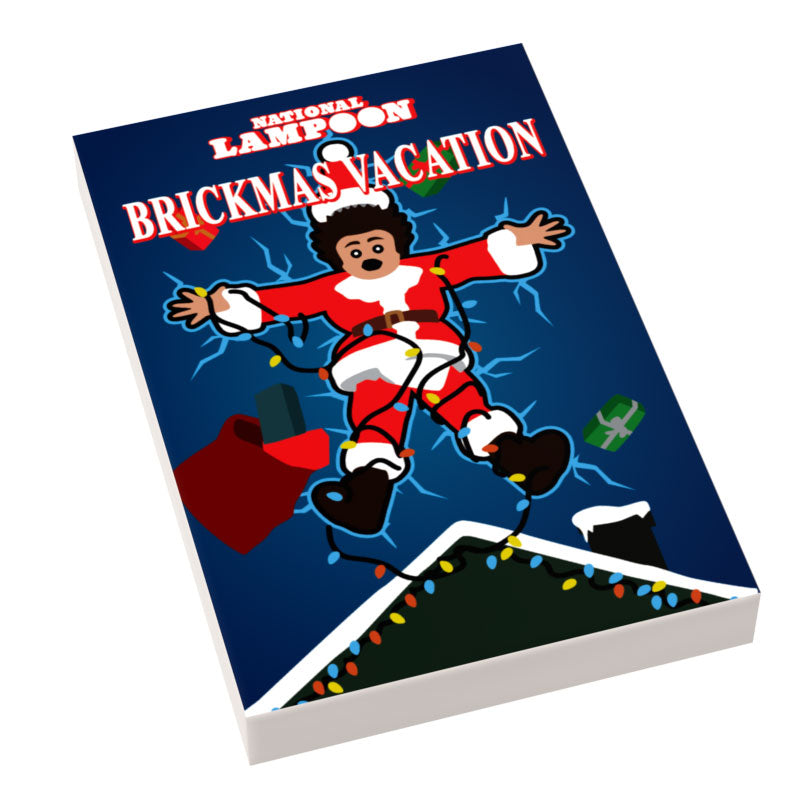 A vibrant Brickmas Vacation Movie Cover (2x3 Tile) featuring a custom Lego-style Santa figure tangled in Christmas lights, set against a dark blue background with holiday elements.