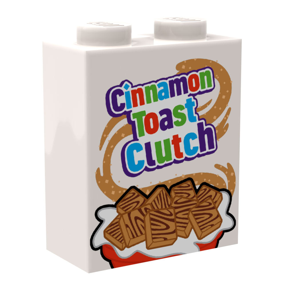 Cinnamon Toast Clutch Cereal Custom Printed 1x2x2 Brick made using LEGO part featuring colorful cereal box artwork by B3 Customs, ideal for custom minifigures and brick mocs.