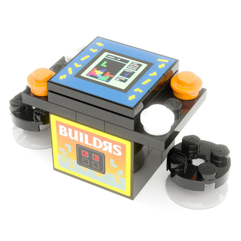 Buildᴙs 2-Player Classic Arcade made using LEGO parts - B3 Customs, featuring a compact cocktail arcade machine with colorful buttons and retro game screen details for interactive LEGO play.