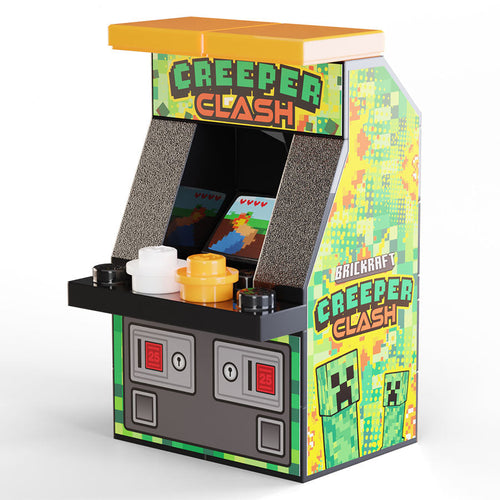 Miniature Brickcraft: Creeper Clash Classic Arcade Machine by B3 Customs with pixelated green creeper design, detailed control buttons, and colorful arcade screen.