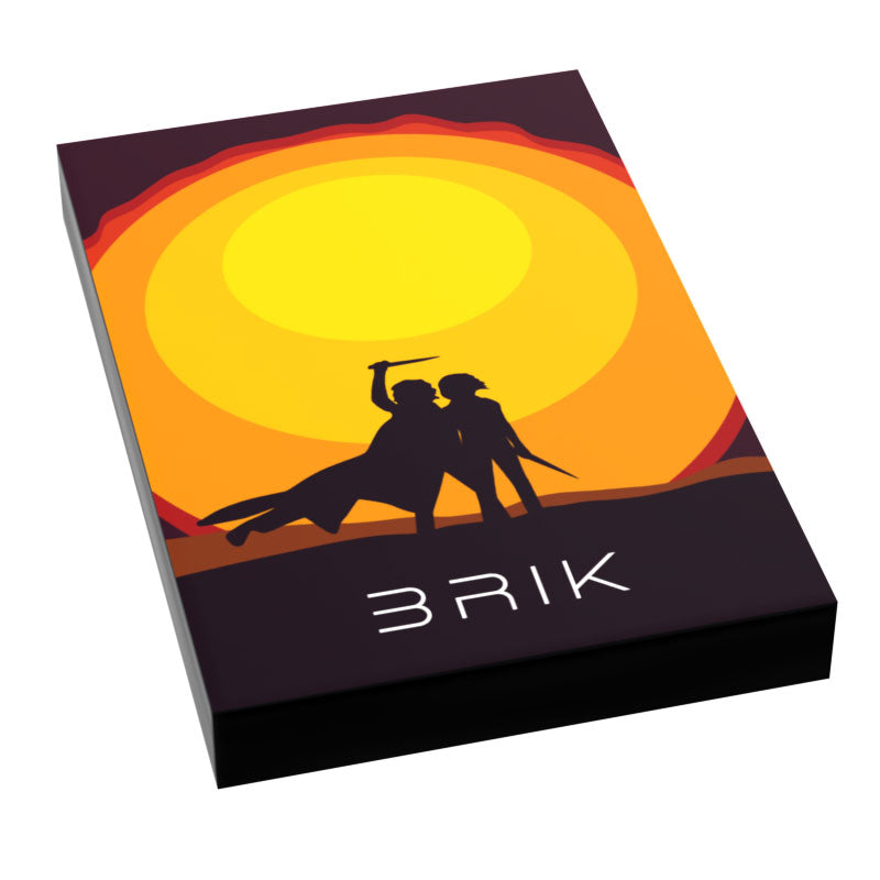 BRIK Movie Cover Tile (2x3 Tile) featuring a stylized sunset background with two silhouetted characters holding weapons, perfect for custom LEGO movie poster displays.