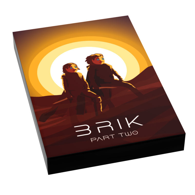 Illustration of two characters standing on a hill with an orange sunset behind them on the BRIK Part 2 Movie Cover Tile (2x3 Tile), featuring custom printed tile design.