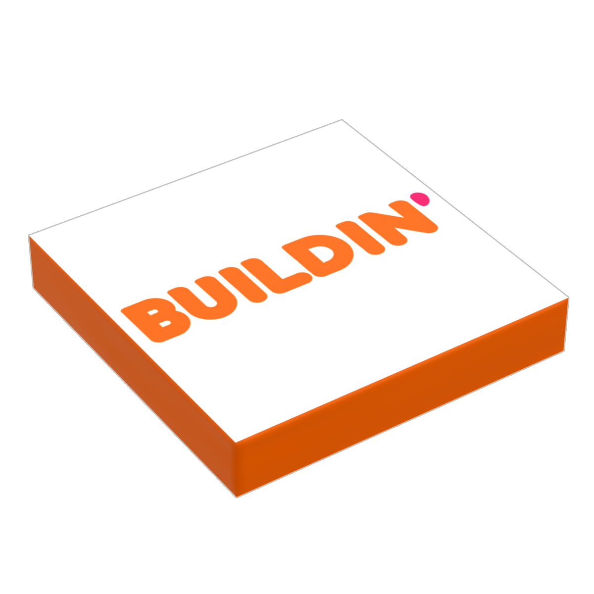 Square box resembling a donut packaging with "BUILDIN'" logo in orange and pink on top, representing the Buildin' Donuts Dozen 2x2 tile for Minifigs made with LEGO parts - B3 Customs.