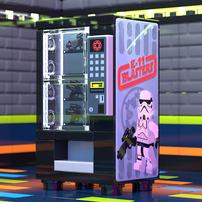 A detailed custom LEGO vending machine by B3 Customs designed as the E-11 Blaster Vending Machine for Trooper minifigs made using LEGO parts, featuring stormtrooper graphics and miniature blaster rifles.