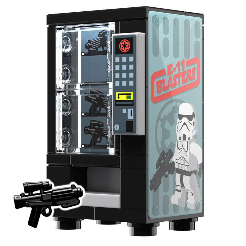 E-11 Blaster Vending Machine for Trooper minifigs made using LEGO parts by B3 Customs features a detailed vending machine design with a Stormtrooper minifigure and custom blaster accessories.
