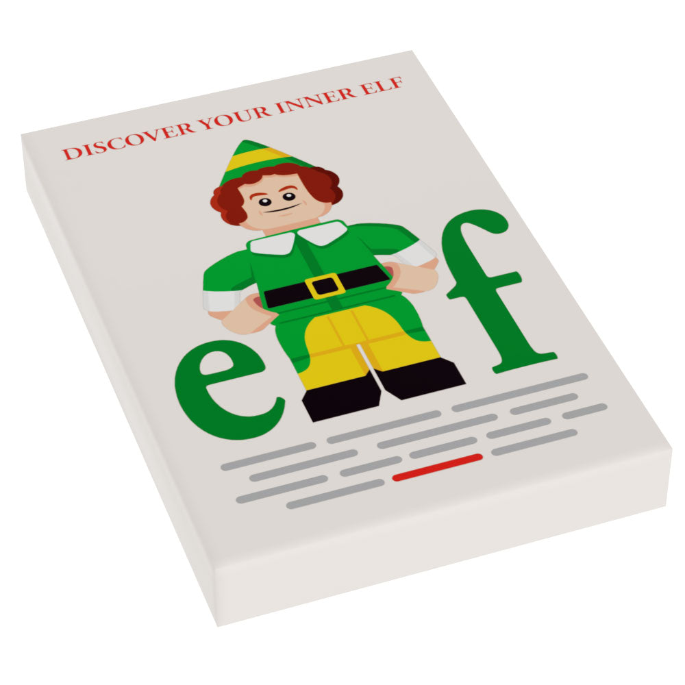 Elf Christmas Movie Cover (2x3 Tile) featuring a custom illustration of a LEGO-style elf character in green and yellow outfit with text "Discover Your Inner Elf" above.
