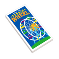 Colorful Ferris wheel amusement park poster on a 2x4 tile made using LEGO parts, vibrant blue background with bold yellow and white text, Ferris Wheel Amusement Park Poster (2x4 Tile) made using LEGO parts - B3 Customs.