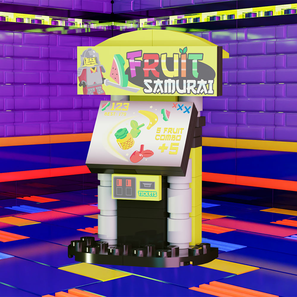 Fruit Samurai Arcade Building Set made using LEGO parts - B3 Customs features a colorful arcade game model with vibrant fruit graphics and a ticket dispenser, crafted from LEGO bricks by B3 Customs.