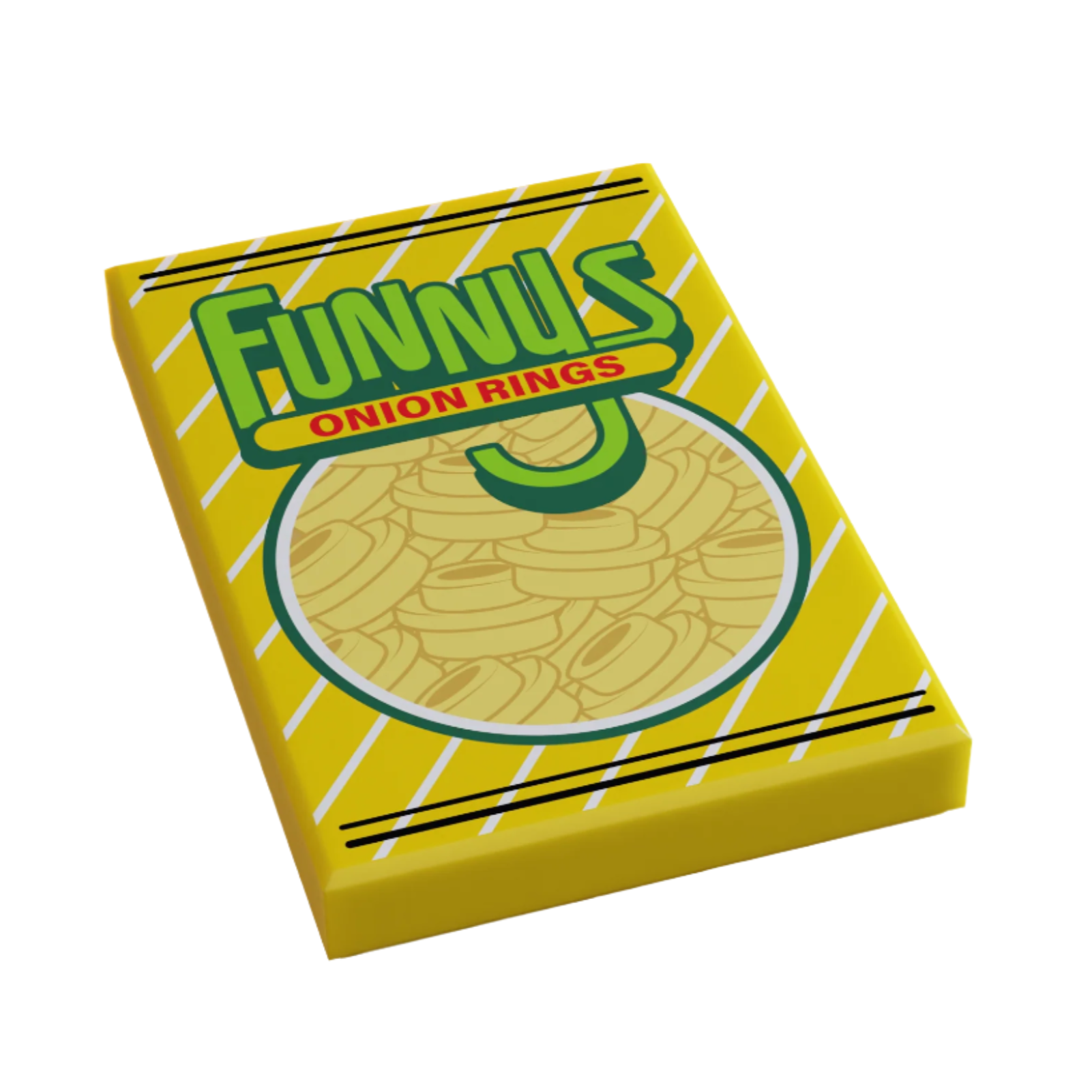 Funny's Onion Rings Minifig Snack (2x3 Tile) made using LEGO parts featuring a custom printed design by B3 Customs, perfect for adding playful brick mocs detail.