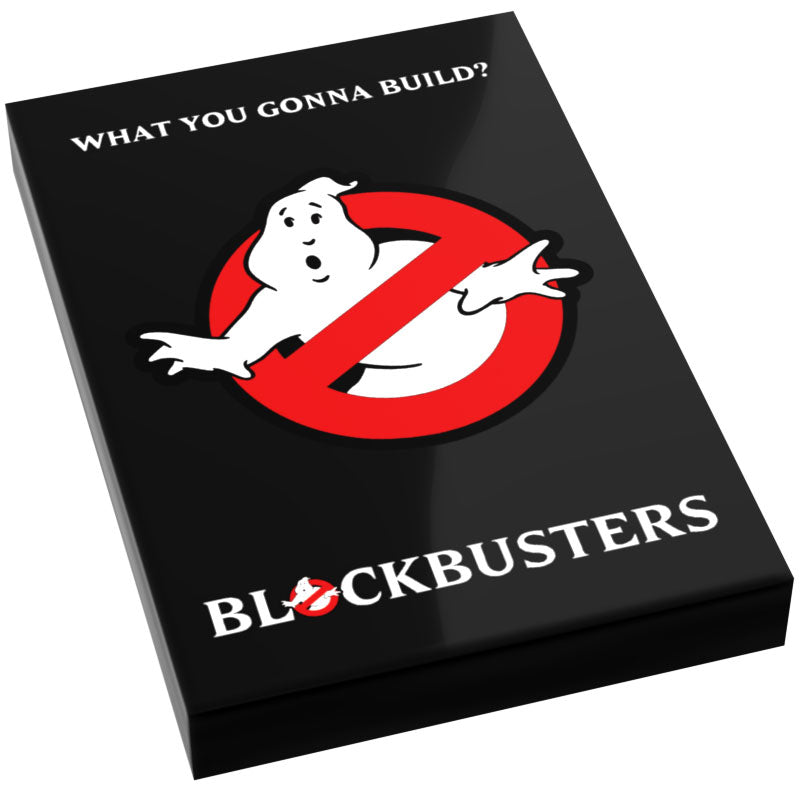 Ghostbuilders Movie Cover (2x3 Tile) - B3 Customs featuring a black tile with a white ghost logo inside a red prohibition circle, text "WHAT YOU GONNA BUILD?" and "BLOCKBUSTERS" designed as a custom LEGO movie poster tile.