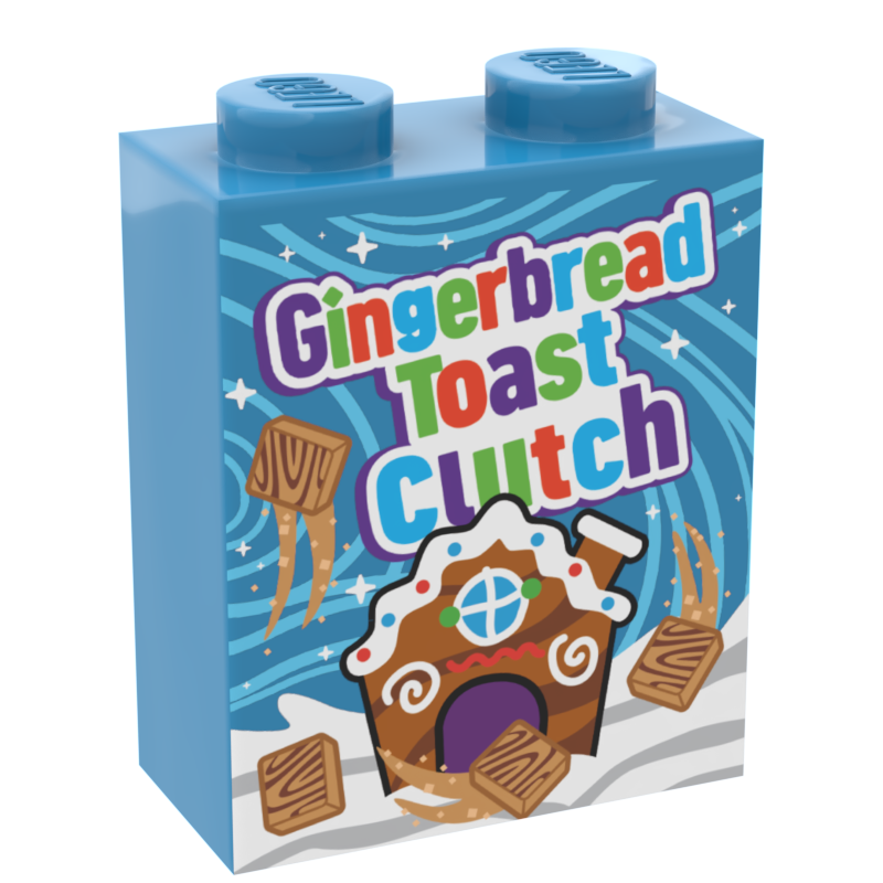 Blue brick featuring colorful lettering saying Gingerbread Toast Clutch Christmas Cereal (1x2x2 Brick) with a festive gingerbread house and cinnamon toast pieces by B3 Customs.