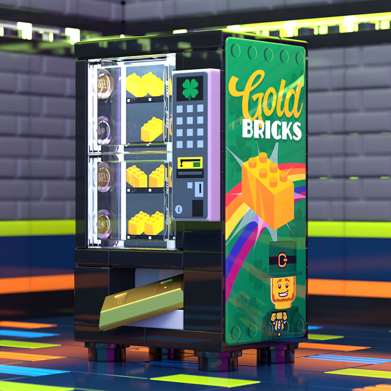 Lego vending machine with compartments holding yellow gold brick pieces, decorated with rainbow and leprechaun character graphics, featuring Gold Bars for Leprechauns St. Patrick's Day Vending Machine by B3 Customs.