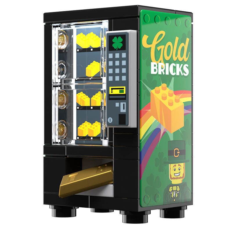 Gold Bars for Leprechauns St. Patrick's Day Vending Machine by B3 Customs features a custom Lego vending machine with gold brick pieces and festive St. Patrick’s Day design.