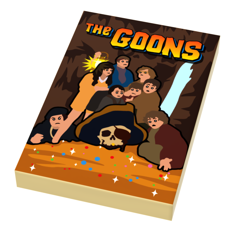 Illustration of a group of characters standing inside a cave with a pirate skull in the foreground and the title The Goons in bold colorful letters above, shown on The Goons Movie Cover (2x3 Tile).