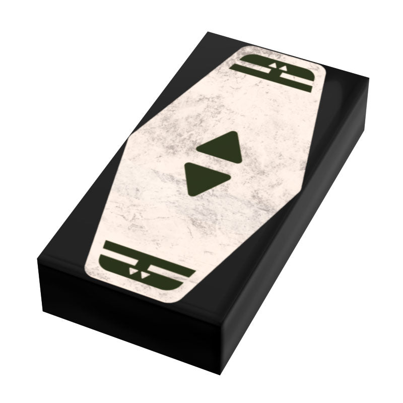 Green 2 Sabacc Card Custom Printed 1x2 Tile made using LEGO part - B3 Customs features a detailed Sabacc card design with green symbols on a white tile, perfect for Star Wars LEGO fans and custom minifigure collectors.