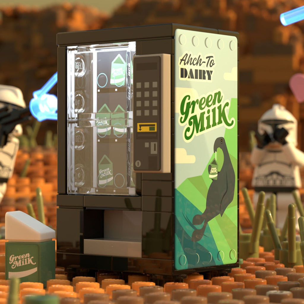 Detailed Green Milk Vending Machine Building Set made using LEGO parts - B3 Customs, featuring custom printed tiles and a vending machine design with themed branding by B3 Customs.