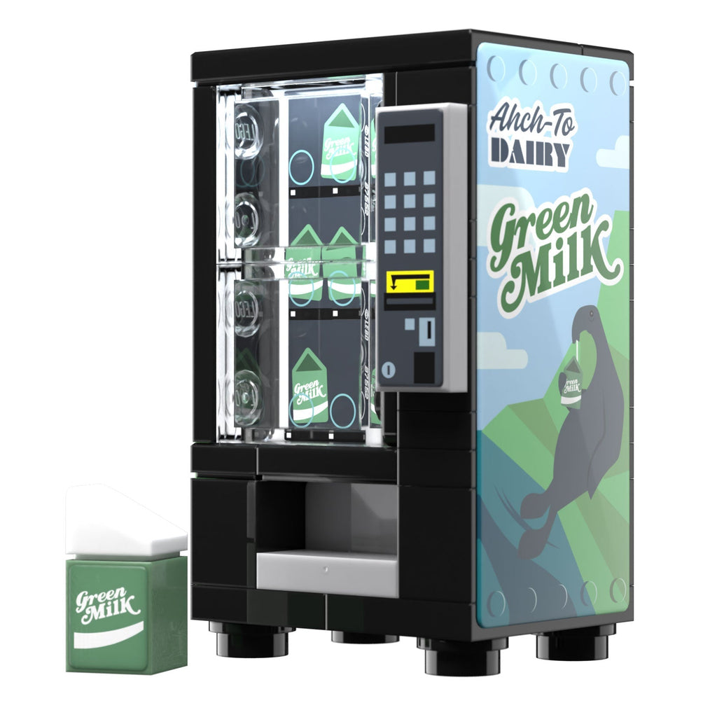Green Milk Vending Machine Building Set made using LEGO parts - B3 Customs features a detailed black vending machine with clear display panels, a keypad, and custom printed tiles showcasing Green Milk branding and artwork by B3 Customs.