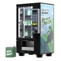 Green Milk Vending Machine Building Set made using LEGO parts - B3 Customs features a detailed black vending machine with clear display panels, a keypad, and custom printed tiles showcasing Green Milk branding and artwork by B3 Customs.