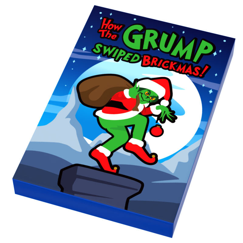 How the Grump Swiped Christmas Movie Cover (2x3 Tile) featuring a green character in a Santa outfit sneaking with a sack and red ornament against a snowy mountain and full moon background.