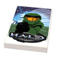 HALO: Bricks Evolved Video Game Cover (2x3 Tile) made using LEGO part - B3 Customs features a stylized green-armored character with orange visor against a space background, inspired by the Halo game series.