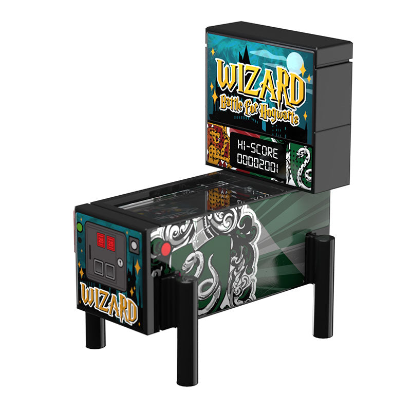 Detailed custom LEGO Harry Potter Pinball Arcade Machine Building Set made using LEGO parts featuring wizard-themed artwork and a digital score display.