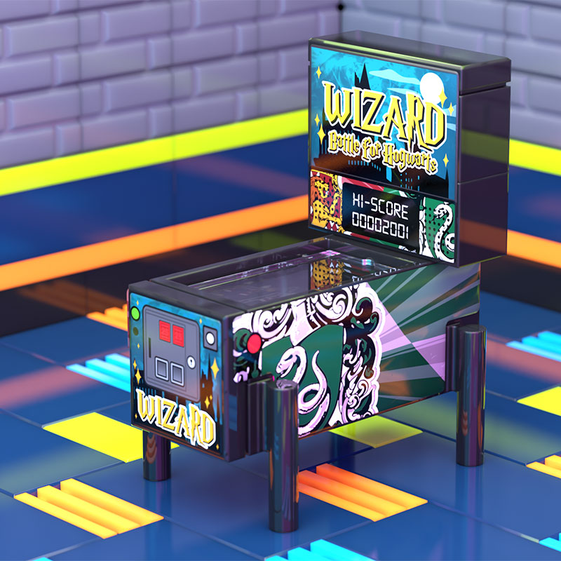 Detailed Harry Potter Pinball Arcade Machine Building Set made using LEGO parts, featuring vibrant wizard-themed graphics and a digital high-score display in a colorful retro arcade setting.