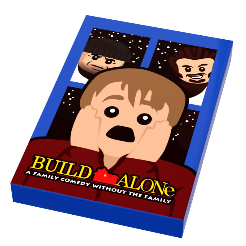 Build Alone Movie Cover (2x3 Tile) made using LEGO part showing a LEGO-style parody of a classic family comedy movie poster with characters framed in a window background.
