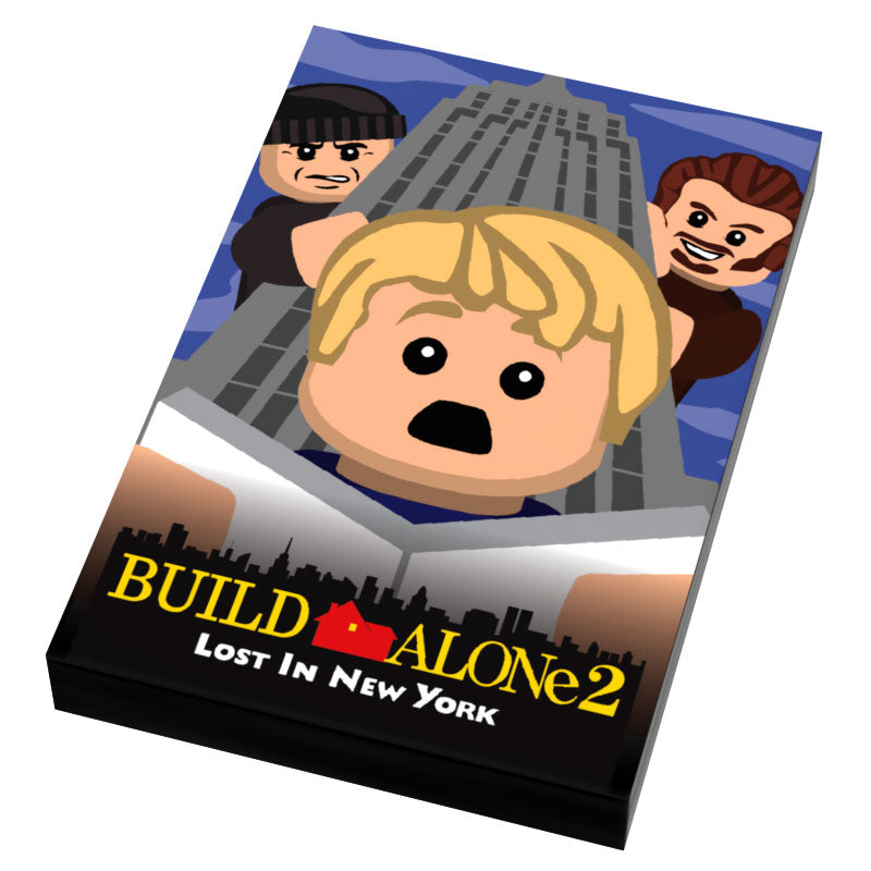 Build Alone 2 Movie Cover (2x3 Tile) - B3 Customs features custom LEGO minifigure characters in a New York cityscape, showcasing detailed custom printed tiles by B3 Customs.