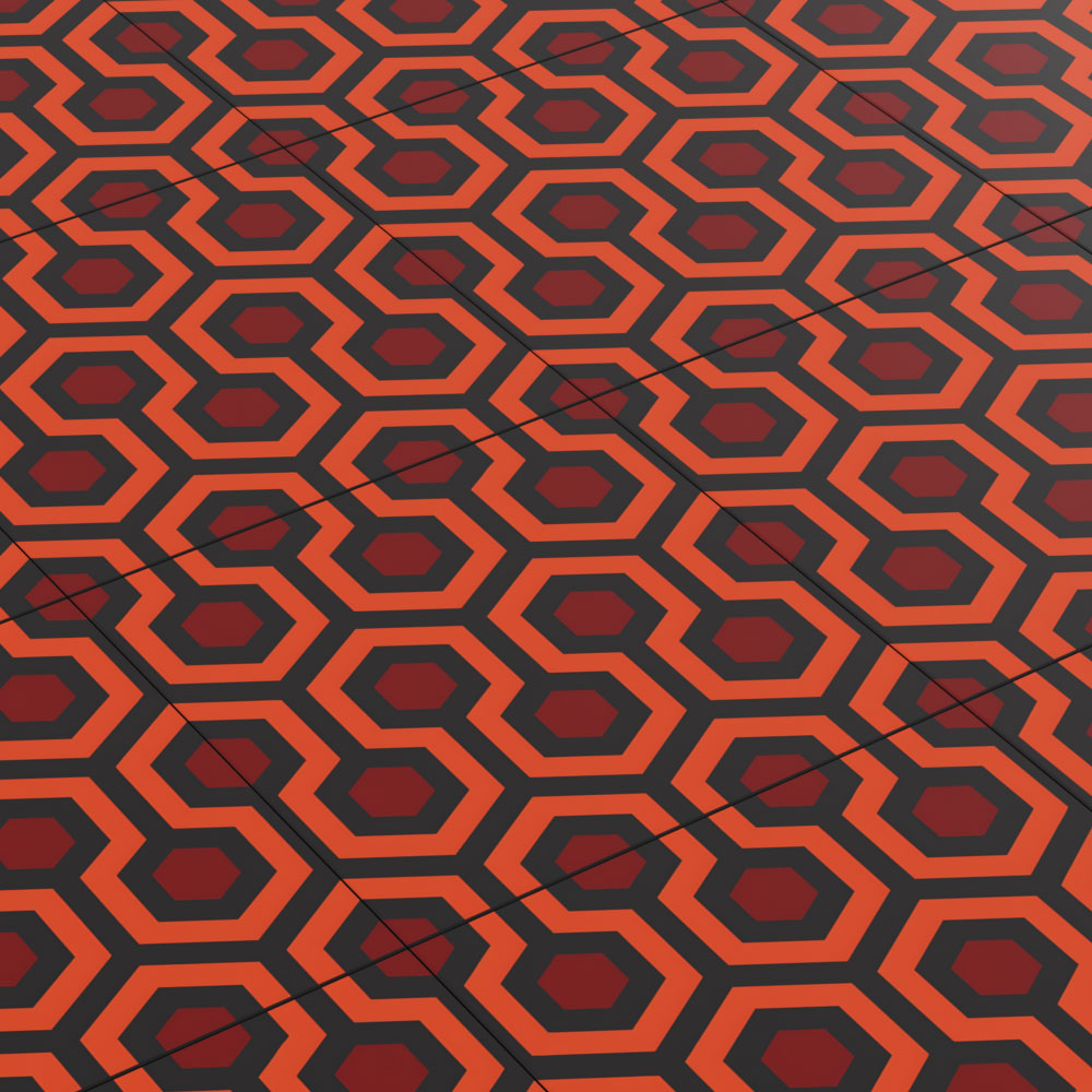 Close-up of a custom patterned carpet inspired by a horror film, featuring interlocking red and black hexagonal shapes made from LEGO pieces in the Custom Horror Film Carpet (PACK OF 10) 6x6 Tiles made using LEGO parts.
