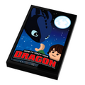 How To Teach A Dragon Movie Cover (2x3 Tile) made using LEGO parts - B3 Customs featuring a custom LEGO tile with a stylized dragon and character under a moonlit sky.