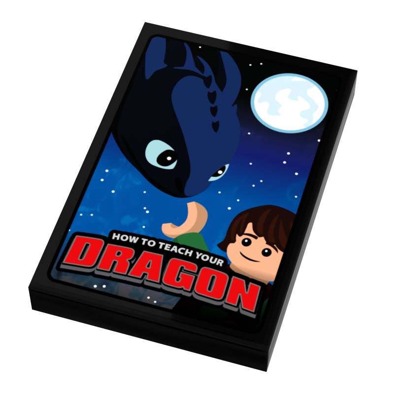 How To Teach A Dragon Movie Cover (2x3 Tile) made using LEGO parts - B3 Customs featuring a custom LEGO tile with a stylized dragon and character under a moonlit sky.