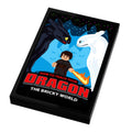 How To Teach A Dragon III: The Bricky World Movie Cover (2x3 Tile) - B3 Customs featuring custom lego printing of two dragons and a minifigure character with a fiery hand on a vibrant blue background.
