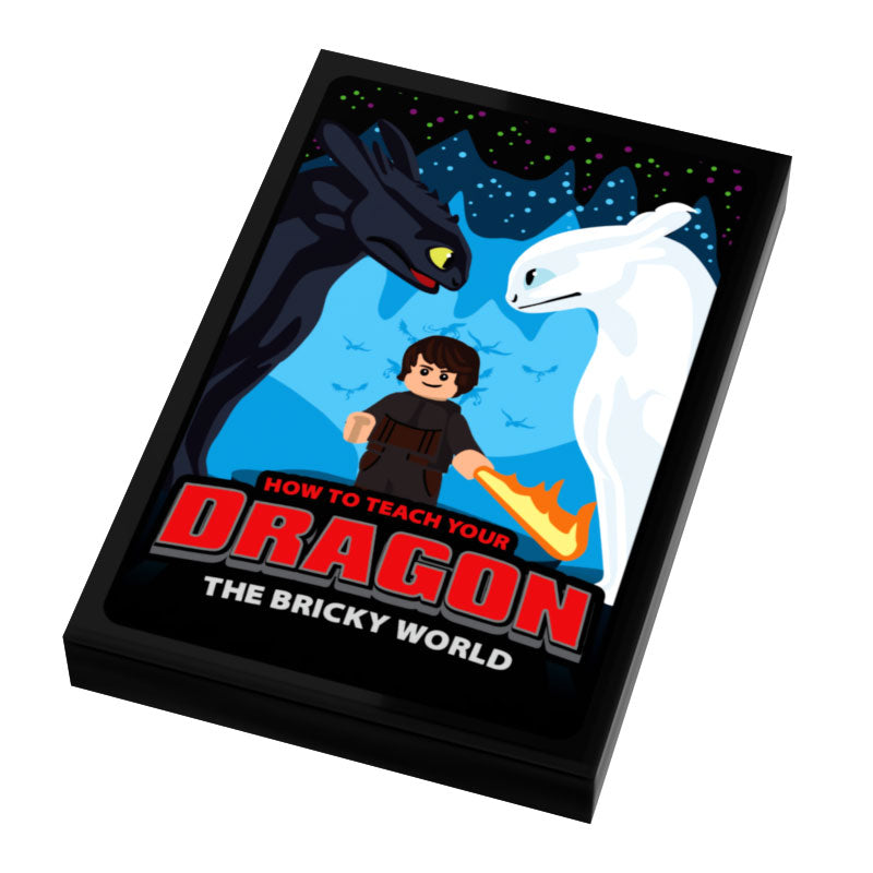 How To Teach A Dragon III: The Bricky World Movie Cover (2x3 Tile) - B3 Customs featuring custom lego printing of two dragons and a minifigure character with a fiery hand on a vibrant blue background.