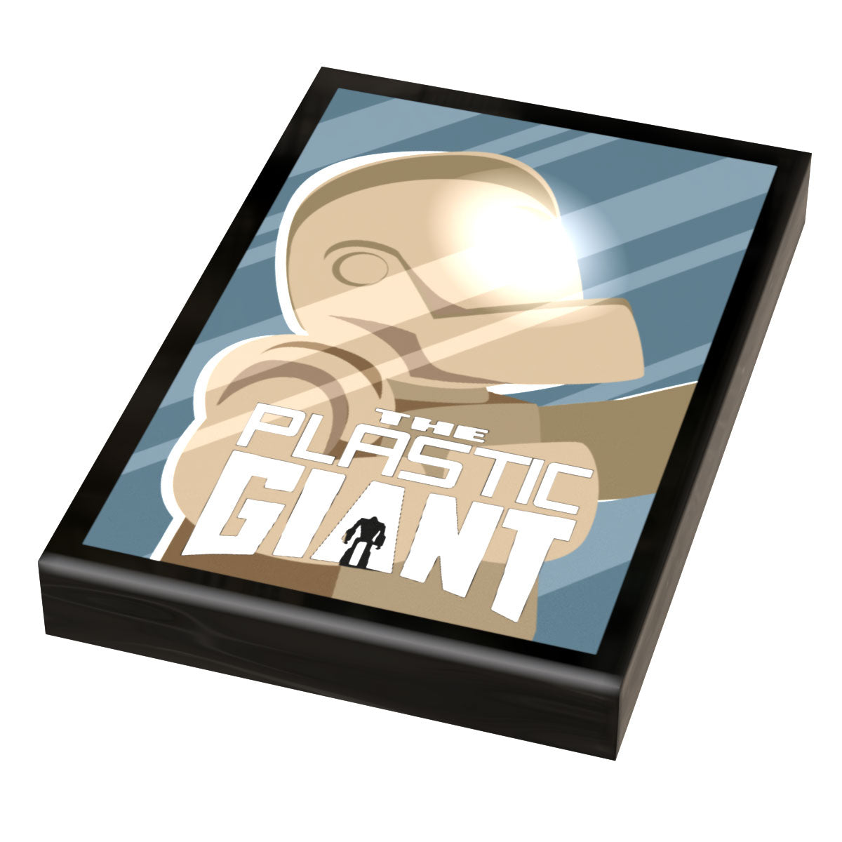 Framed custom printed tile featuring stylized artwork of a giant robot with glowing eyes and text "The Plastic Giant," showcasing the Plastic Giant Movie Cover (2x3 Tile) - B3 Customs.