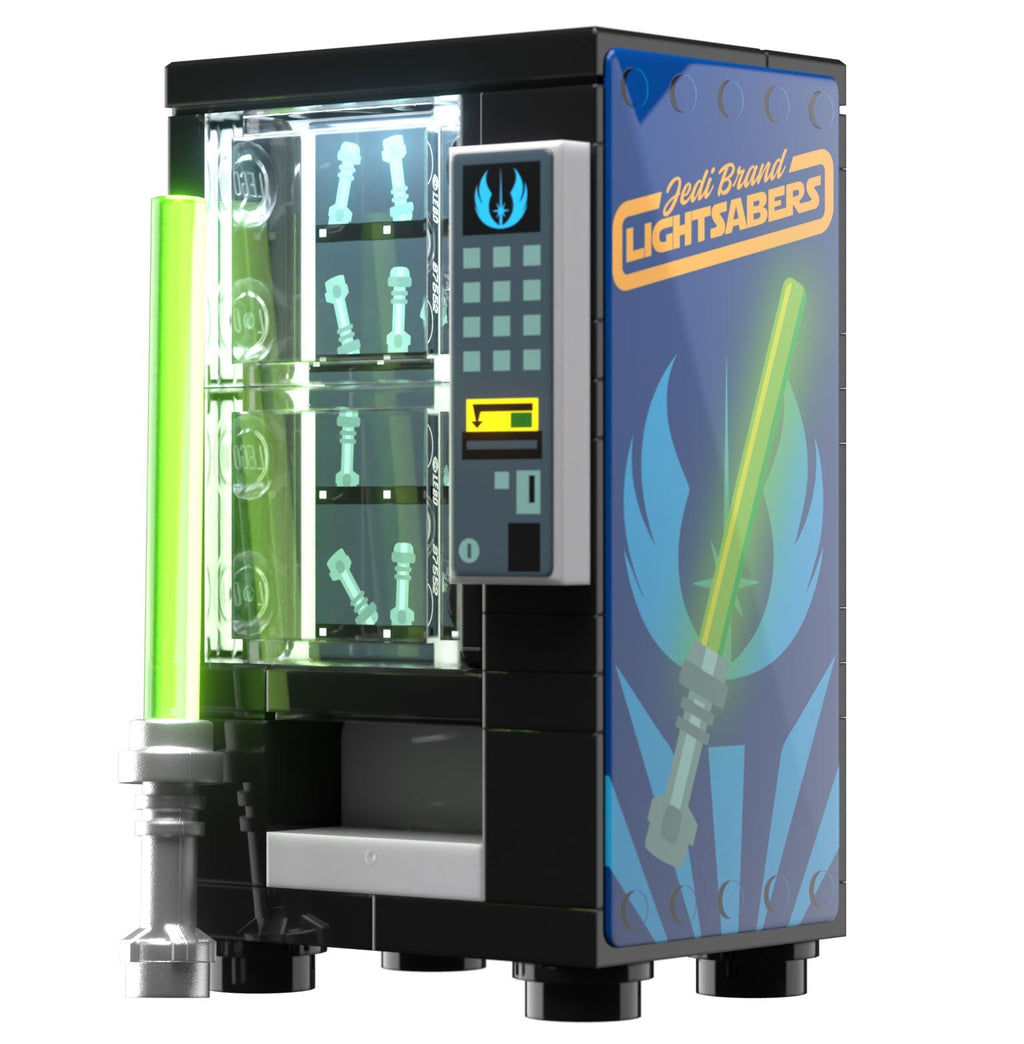 Jedi Sabers Vending Machine Building Set made using LEGO parts - B3 Customs features a detailed LEGO vending machine with a glowing green lightsaber and custom Jedi-themed design by B3 Customs.