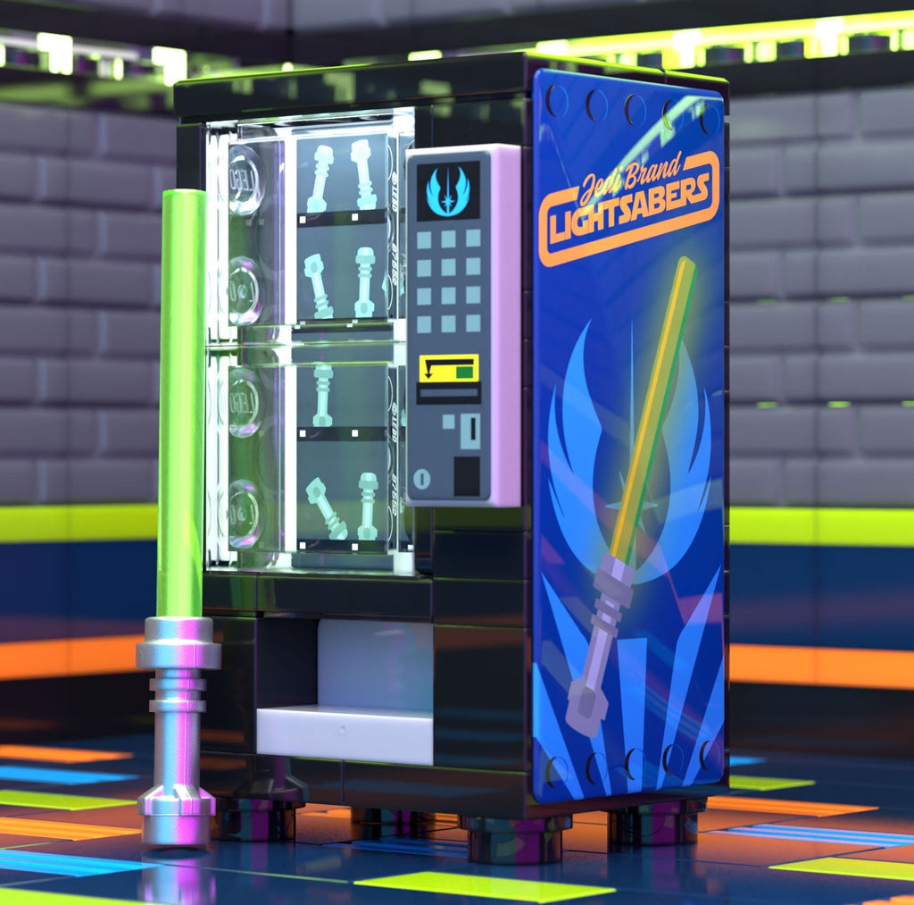 Close-up of a custom LEGO vending machine with lightsabers displayed inside, featuring vibrant colors and intricate details from the Jedi Sabers Vending Machine Building Set made using LEGO parts - B3 Customs.