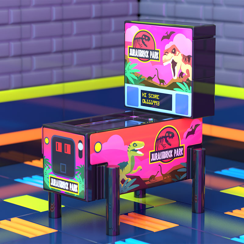 Jurassbrick Park - Pinball Arcade Machine Building Set by B3 Customs featuring a colorful custom LEGO pinball machine with dinosaur-themed decals and minifigure scale details.