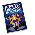 K-Pop Demon Builders Movie Cover (2x3 Tile) featuring three stylized characters in dynamic poses against a vibrant blue and purple background with bold white lettering.