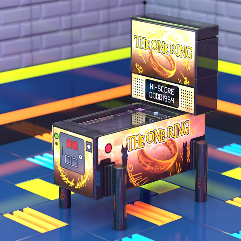 The One Ring, LOTR Pinball Arcade Machine Building Set made using LEGO parts with detailed artwork of the One Ring and digital score display on a colorful game room floor.
