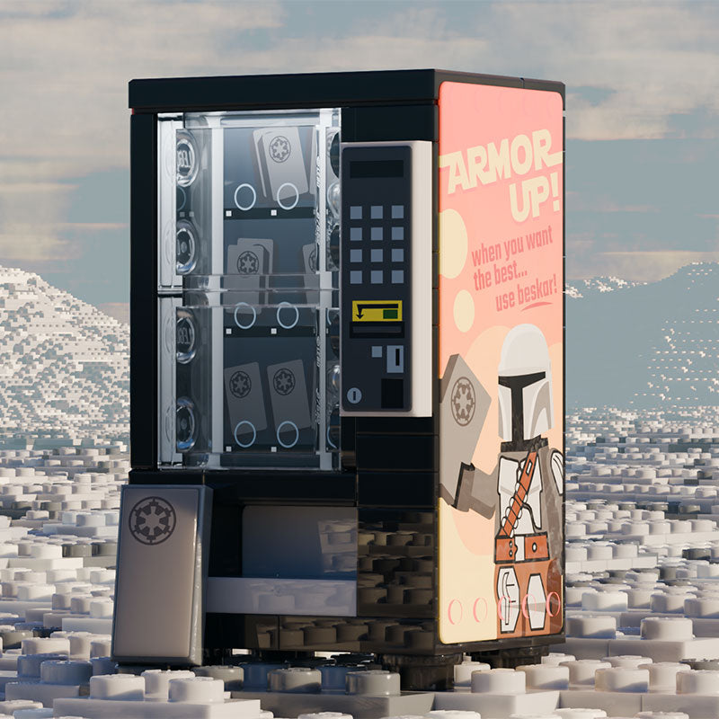 A custom lego vending machine with a Mandalorian-themed design featuring Beskar armor graphics, showcasing the Mando Beskar Vending Machine Building Set - B3 Customs.