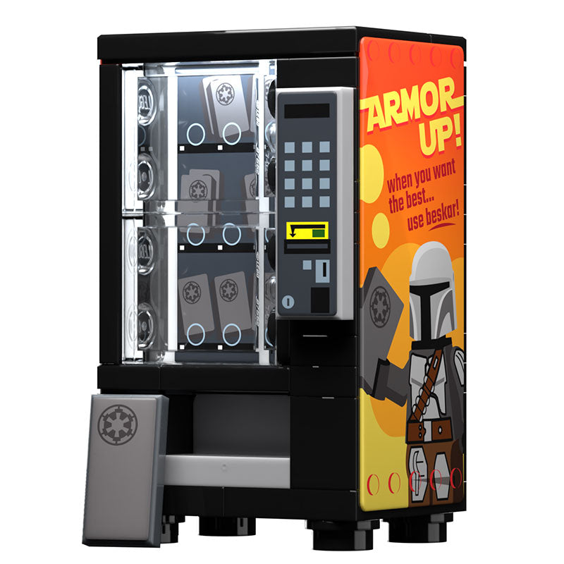 Mando Beskar Vending Machine Building Set - B3 Customs featuring a custom LEGO vending machine with Mandalorian Beskar armor theme and vibrant side art promoting Beskar steel.