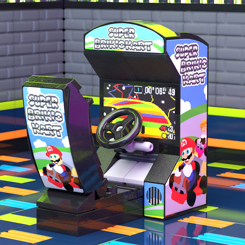 Detailed LEGO arcade racing game model with steering wheel and seat, featuring colorful graphics and racing track, the Super Brickio Kart Arcade Racing Game by B3 Customs.