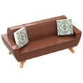 B3 Home Mid-Century RB Sofa w/ 2 Pillows made using LEGO parts - B3 Customs features a reddish-brown LEGO sofa with two patterned pillows, perfect for LEGO displays and minifigures.