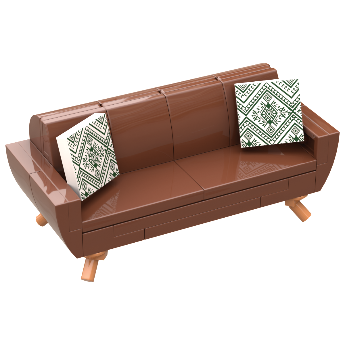 B3 Home Mid-Century RB Sofa w/ 2 Pillows made using LEGO parts - B3 Customs features a reddish-brown LEGO sofa with two patterned pillows, perfect for LEGO displays and minifigures.