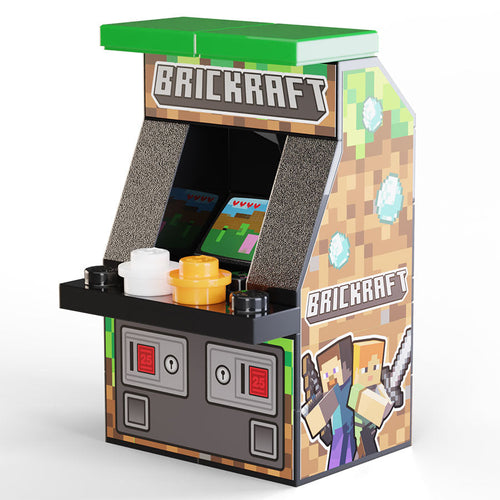 Brickcraft Classic Arcade Machine by B3 Customs features a custom LEGO-inspired design with pixel art controls and character icons, perfect for fans of brick MOCs and custom minifigures.