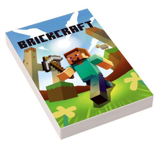 Brickcraft Video Game Cover (2x3 Tile) - B3 Customs featuring a pixelated character holding a tool in a vibrant, block-style world inspired by popular brick-based building games.