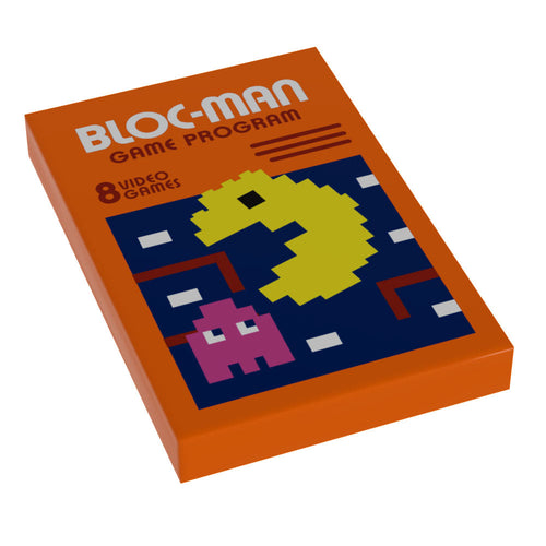 Bloc-Man Video Game Cover (2x3 Tile) by B3 Customs featuring a retro pixel art design inspired by classic arcade games with a yellow character and pink ghost on an orange background.