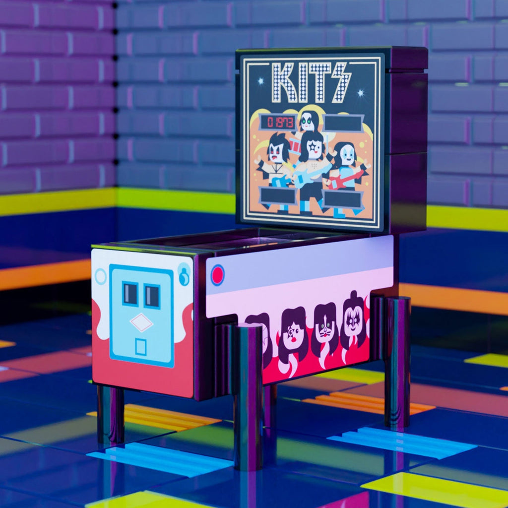KITS - B3 Customs Pinball Arcade Machine Building Set made using LEGO parts showcasing a colorful mini pinball machine with custom decals by B3 Customs in a vibrant, retro-style setting.